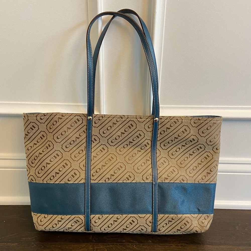 Coach Tan Canvas Logo with Blue Leather Straps Carry-on Bag or Purse